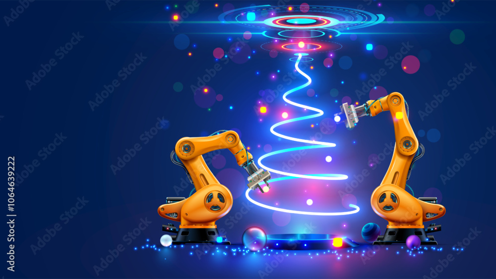 Poster industry robot decorations christmas tree. robotic arm on factory on card of christmas holidays. ind