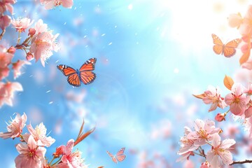 Cherry blossom banner with blue sky and butterflies in nature.