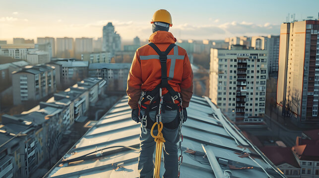 Safety body construction, Working at height equipment. Fall arrestor device for worker with hooks for safety body harness on the roof structure