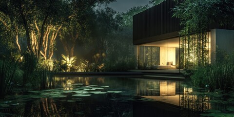 Obraz premium Nighttime Urban Oasis: Modern Garden Retreat with Pond and Stunning Night View