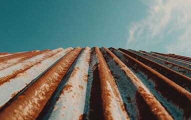 Low-angle shot of corrugated metal roof with rust patches, bright sky, showcasing the character and texture of aged materials in an outdoor setting