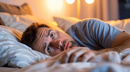 Tired man lying in bed, eyes wide open with visible anxiety and exhaustion, in a dimly lit room with a bedside lamp’s soft glow.