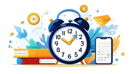 Time Management Concept with Alarm Clock, Books, Smartphone and Calendar