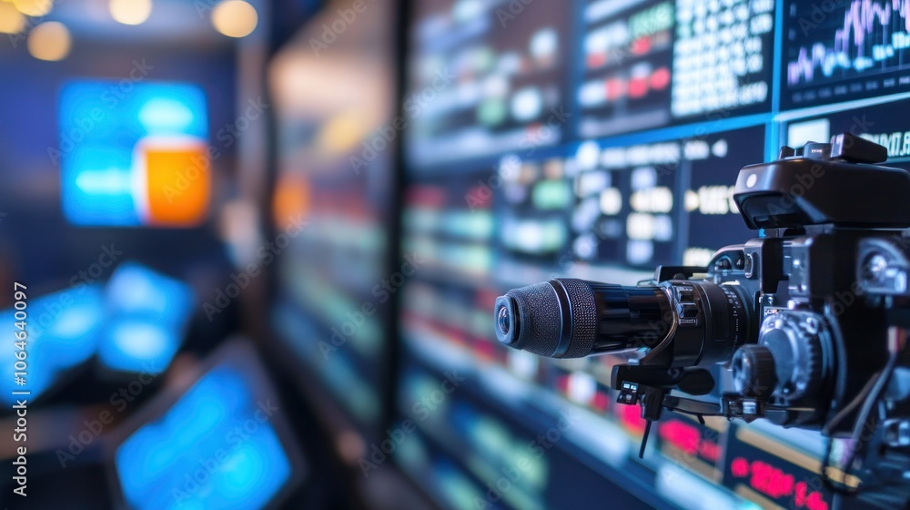 Aufkleber a professional video camera sits in front of a wall of monitors displaying data and information, rea