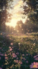 Fototapeta premium Tranquil Dawn Meadow with Dew-Covered Grass