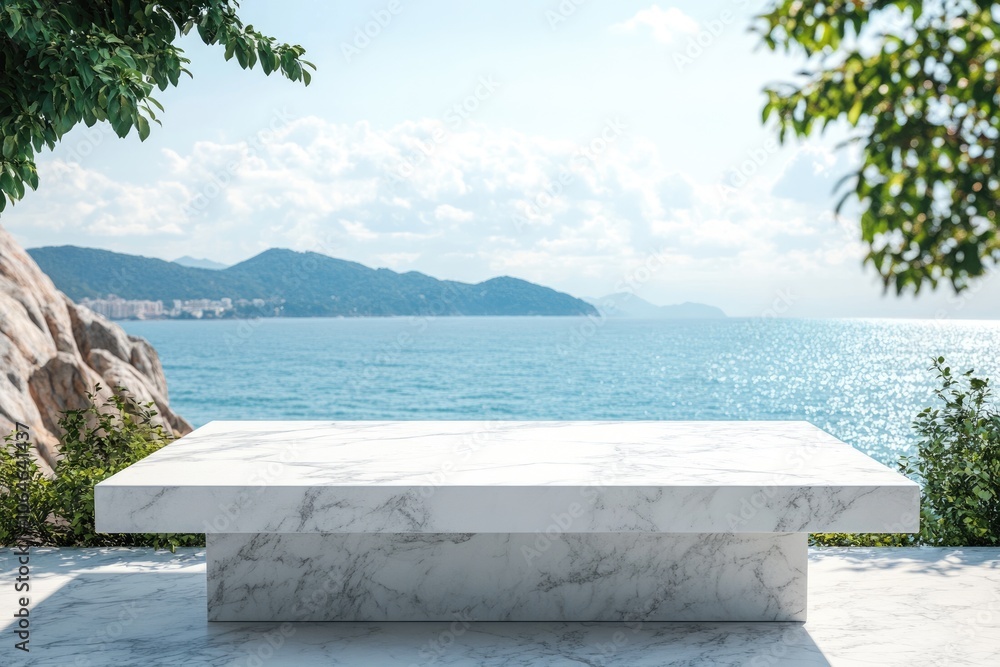 Poster serene beach table setting. white marble table overlooking ocean with product display concept