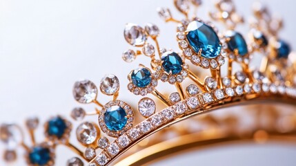 Fototapeta premium Crown close-up shot, focusing on jewels and design details, with a minimalist white background