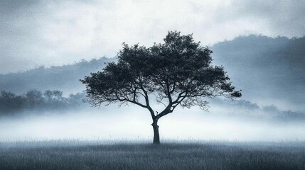 A lone tree in a foggy field, surrounded by mist, symbolizing resilience in isolation and solitude.