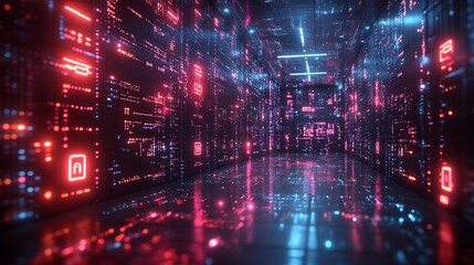 Fototapeta premium Digital display of secure online transaction with glowing data streams and lock symbols showcasing cybersecurity in ecommerce environments