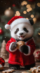 Xmas vibes - christmas mood - happy funny cute panda bear wearing santa claus hat in front of...