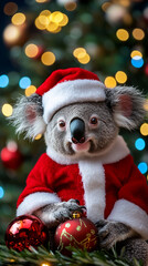 Xmas vibes - christmas mood - happy funny cute koala  bear wearing santa claus hat in front of...