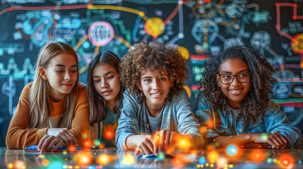 Multicultural team of students collaborating on a project with futuristic visuals