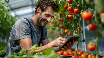 Smiling man using tablet while examining tomato in greenhouse