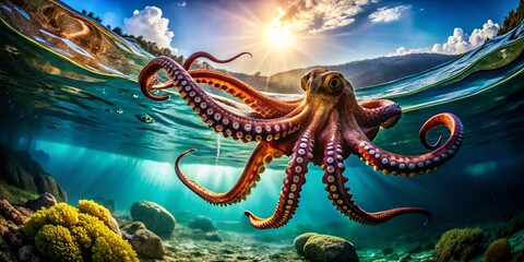 Obraz premium A Captivating Octopus Floating Gracefully in the Open Ocean Beneath Glimmering Sunlight, Showcasing Its Unique Tentacles and Beautiful Colors in a Serene Underwater Landscape
