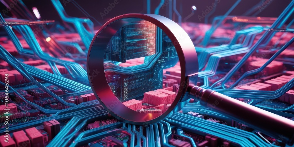 Poster explore the intricate network of data with a digital magnifying glass in modern technology design