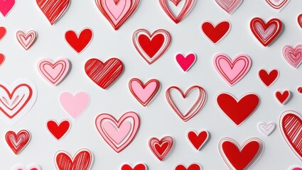 Colorful hearts in various sizes on a white background, perfect for Valentine's themes.