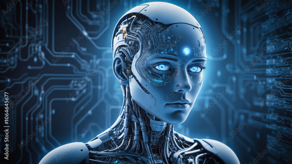 Poster a humanoid head with a neural network brain. artificial intelligence concept.