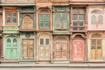 A colorful facade of traditional doors and windows showcasing architectural heritage.