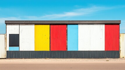 Fototapeta premium A colorful, abstract facade of a building featuring geometric panels in vibrant hues.