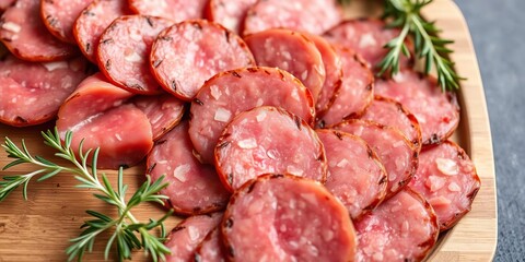 Sliced salami arranged on a tray, perfect for charcuterie, Italian, sausage