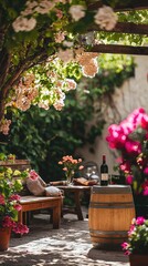 Fototapeta premium Serene Garden with Comfortable Seating and Wine