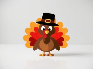 Cute cartoon turkey with colorful feathers and a black hat, white isolated background.
