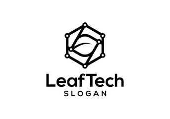 Leaf technology logo vector with line art and minimalist style