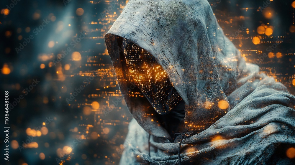 Poster masked figure surrounded coding symbols depicting cyber threats and the dangers of digital hacking i