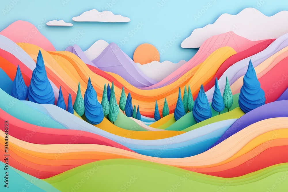 Poster 3d abstract landscape with rainbow colours and smooth patterns