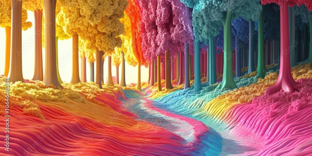 Poster dynamic rainbow forest art: 3d geometric abstract segmentation