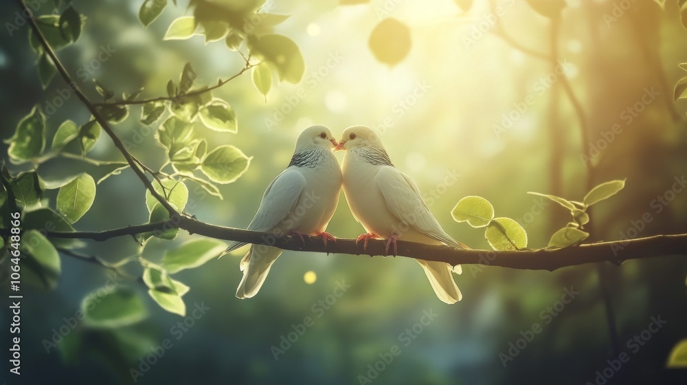 Poster romantic doves on a branch in soft light