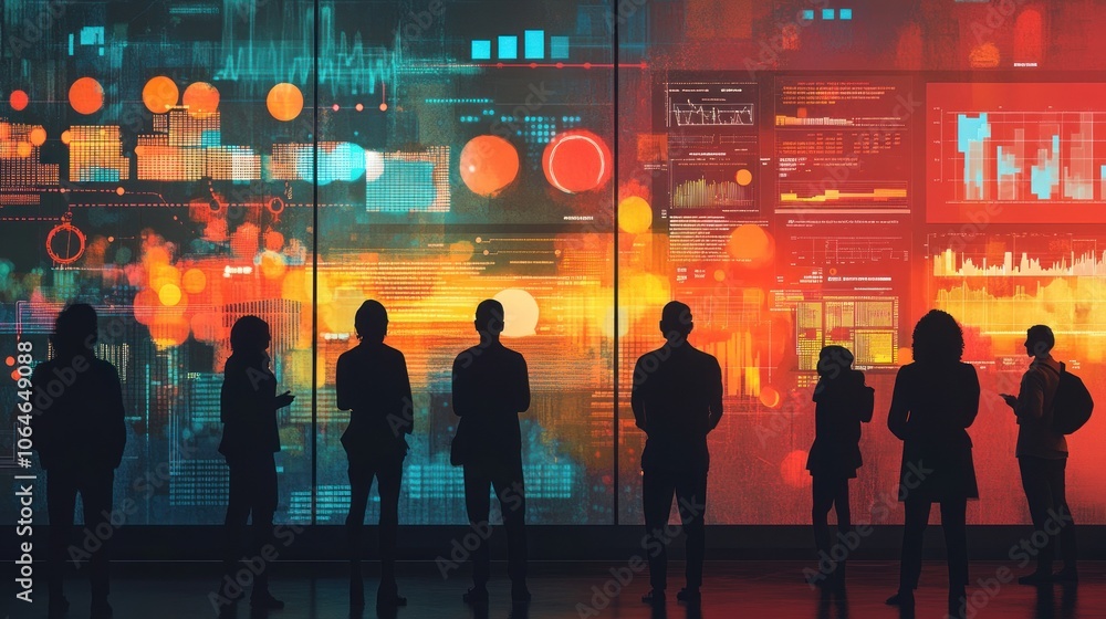 Poster silhouettes of people looking at a large digital screen filled with data and charts.