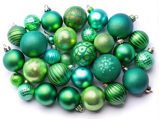 Aerial View of a Set of Green and Turquoise Christmas Balls Isolated on a  Background for Holiday Decorations and Festive Themes