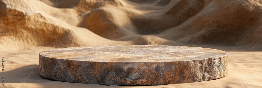 Poster sunlit desert podium showcase with sandstone elements in 3d nature setting