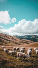 Fototapeta premium Scenic Pasture with Grazing Sheep Under Blue Sky