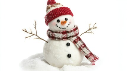 Isolated snowman with a clean white background, showcasing a classic winter figure in studio lighting for a cheerful touch