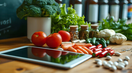 Tablet and vegetables on table