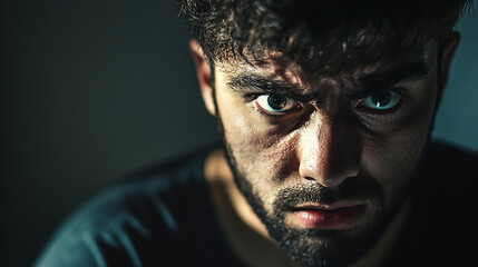 Fearful man with anxious expression and alert stance