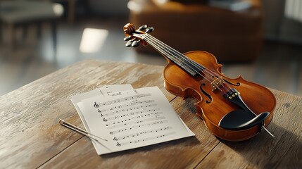 Fototapeta premium An artistic shot of a violin and song note paper placed side by side on a wooden table, viewed from the front
