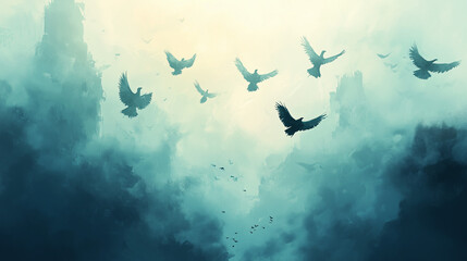 Obraz premium A flock of birds soaring through the sky, with some of the birds appearing to pass through invisible, floating portals, as if traveling between dimensions