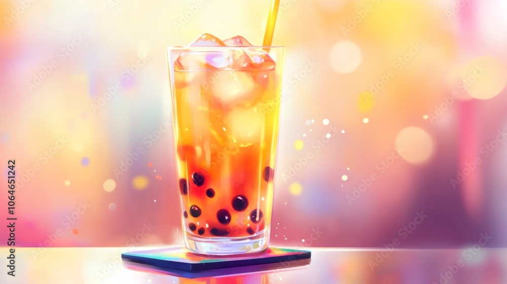 Poster refreshing drink with colorful bubbles in background