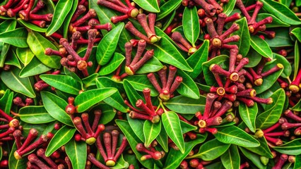 Aerial View of Lush Clove Leaves with Red Shoots, Showcasing Patterns and Textures for Graphic Design and Agricultural Concepts in a Vibrant Natural Setting