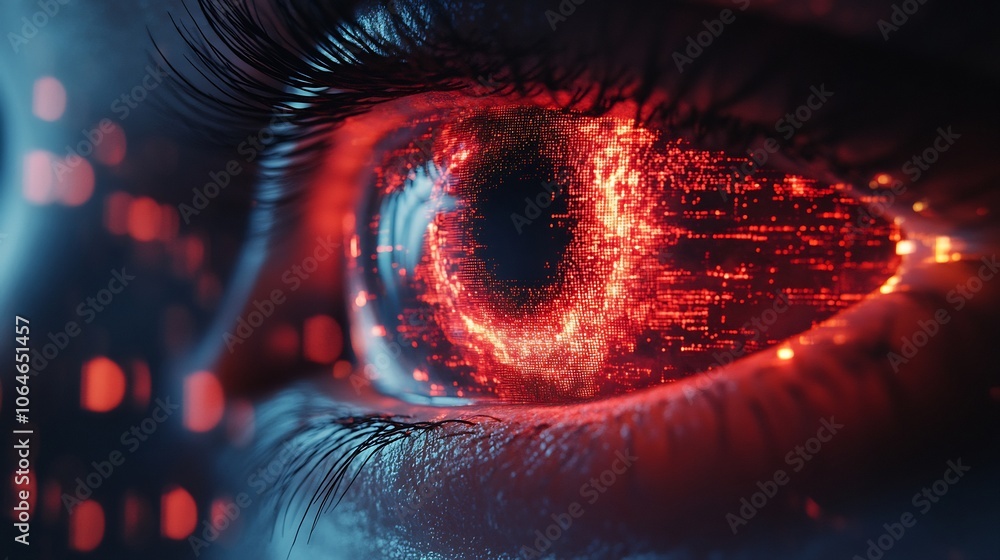 Poster holographic eye observing data streams representing surveillance data privacy monitoring in a highte