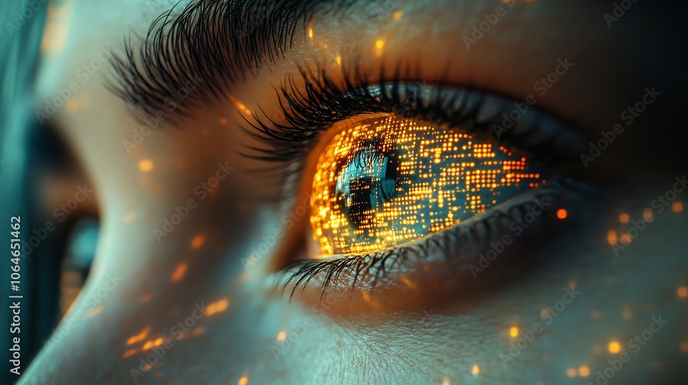 Poster holographic eye observing data streams representing surveillance data privacy monitoring in a highte