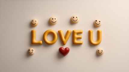 An artistic collage of heart and smiley face emojis forming the words"I LOVE U" against a light background, with a visually balanced arrangement and cheerful colors.