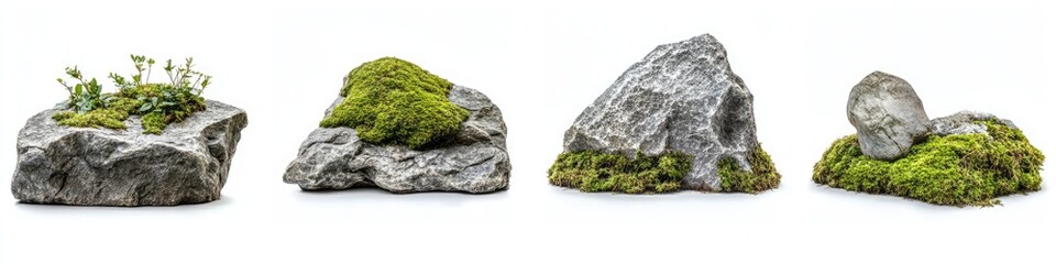 Collection of Moss-Covered Rocks in Natural Settings, Isolated on White Background