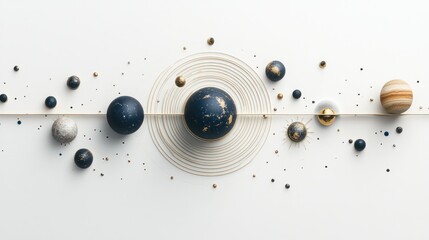 Minimal space photography showing the solar system on white, with planets aligned in order
