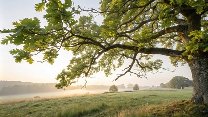 Soft morning light illuminating old oak tree leaves, peaceful woods, warm glow