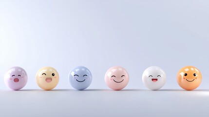 An illustration of various 3D emoticons with round faces in different postures and expressions, each conveying emotions from happiness to frustration. The glowing, simple design with smooth colors