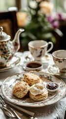 Fototapeta premium Freshly Baked Scones with Clotted Cream and Jam